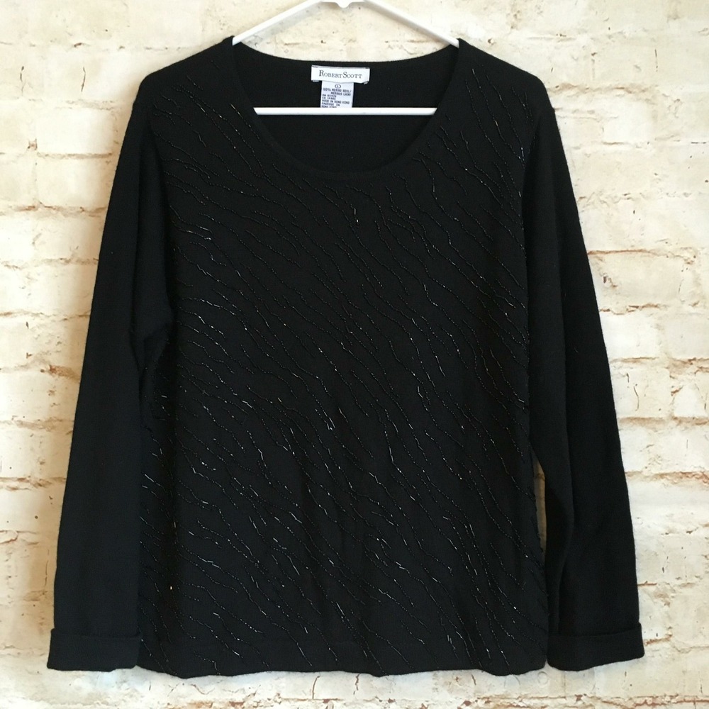 Vintage Robert Scott Women's Size Large Black Beaded Wool Sweater